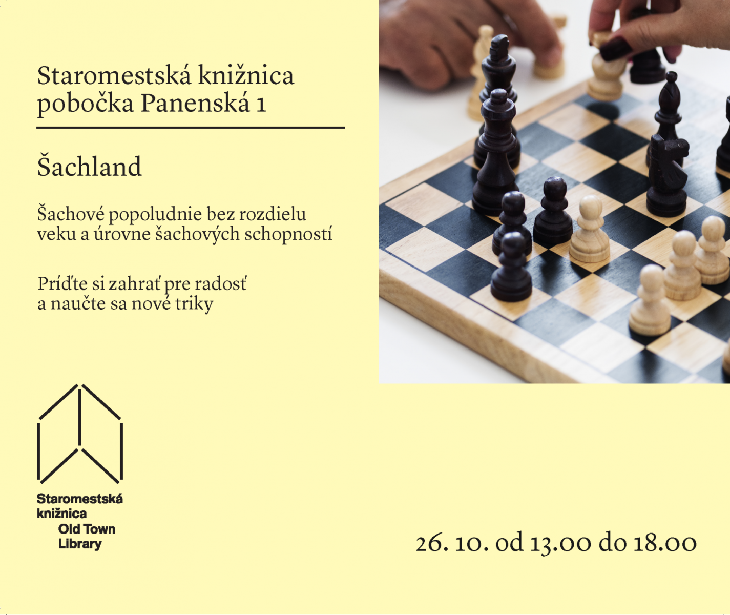 Šachové popoludnie v Staromestskej knižnici  na Panenskej 1 vo štvrtok 26. októbra od 13.00 do 18.00