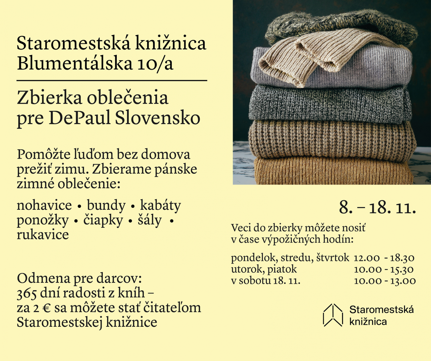 Zbierka zimného pánskeho oblečenia pre ľudí bez domova v Staromestskej knižnici na Blumentálskej 10/a do 18. 11. 2023